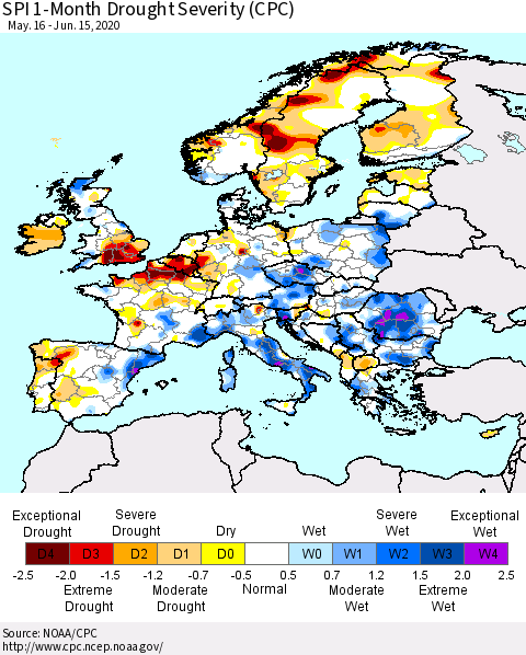 Europe SPI 1-Month Drought Severity (CPC) Thematic Map For 5/16/2020 - 6/15/2020