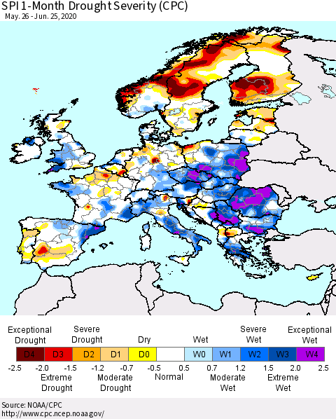 Europe SPI 1-Month Drought Severity (CPC) Thematic Map For 5/26/2020 - 6/25/2020