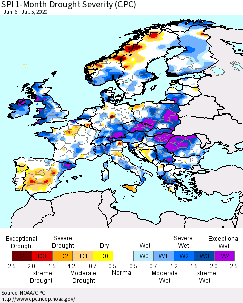Europe SPI 1-Month Drought Severity (CPC) Thematic Map For 6/6/2020 - 7/5/2020