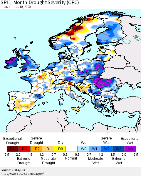 Europe SPI 1-Month Drought Severity (CPC) Thematic Map For 6/11/2020 - 7/10/2020