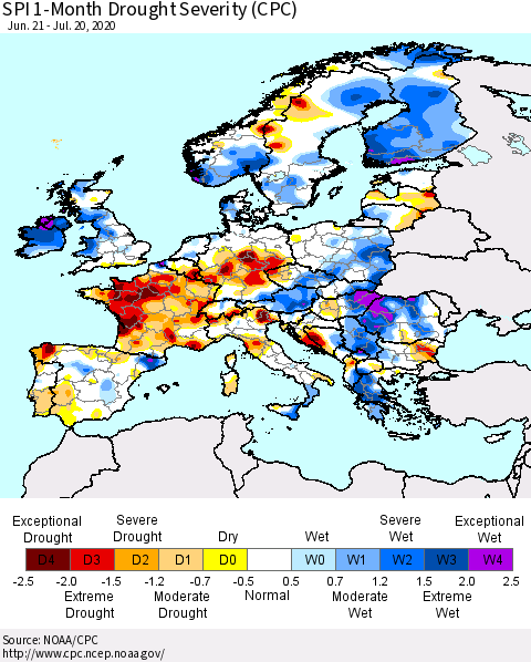 Europe SPI 1-Month Drought Severity (CPC) Thematic Map For 6/21/2020 - 7/20/2020