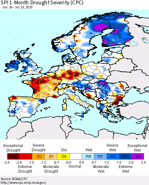Europe SPI 1-Month Drought Severity (CPC) Thematic Map For 6/26/2020 - 7/25/2020
