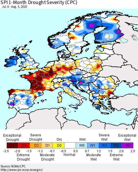 Europe SPI 1-Month Drought Severity (CPC) Thematic Map For 7/6/2020 - 8/5/2020