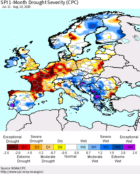 Europe SPI 1-Month Drought Severity (CPC) Thematic Map For 7/11/2020 - 8/10/2020