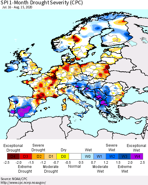 Europe SPI 1-Month Drought Severity (CPC) Thematic Map For 7/16/2020 - 8/15/2020