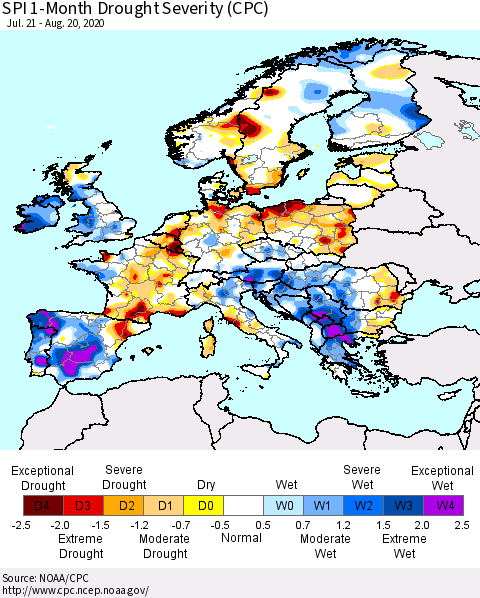 Europe SPI 1-Month Drought Severity (CPC) Thematic Map For 7/21/2020 - 8/20/2020