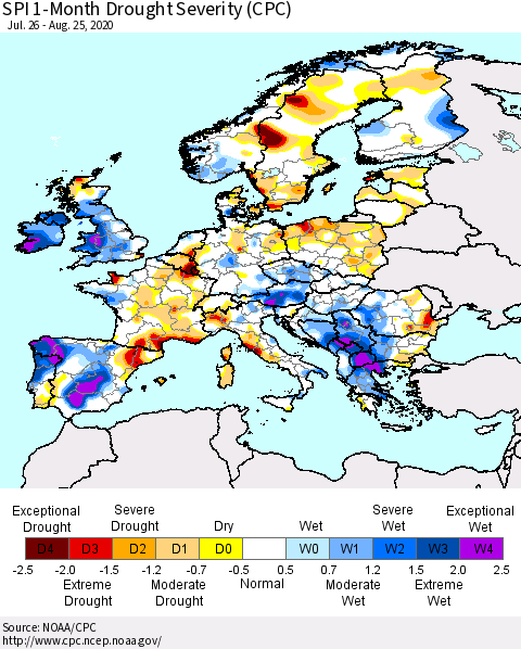 Europe SPI 1-Month Drought Severity (CPC) Thematic Map For 7/26/2020 - 8/25/2020