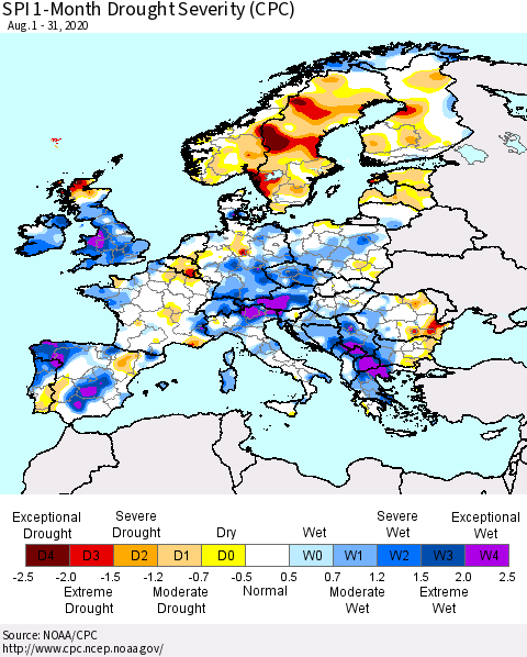 Europe SPI 1-Month Drought Severity (CPC) Thematic Map For 8/1/2020 - 8/31/2020