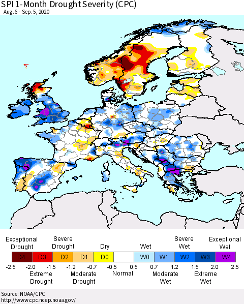Europe SPI 1-Month Drought Severity (CPC) Thematic Map For 8/6/2020 - 9/5/2020