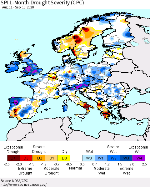 Europe SPI 1-Month Drought Severity (CPC) Thematic Map For 8/11/2020 - 9/10/2020