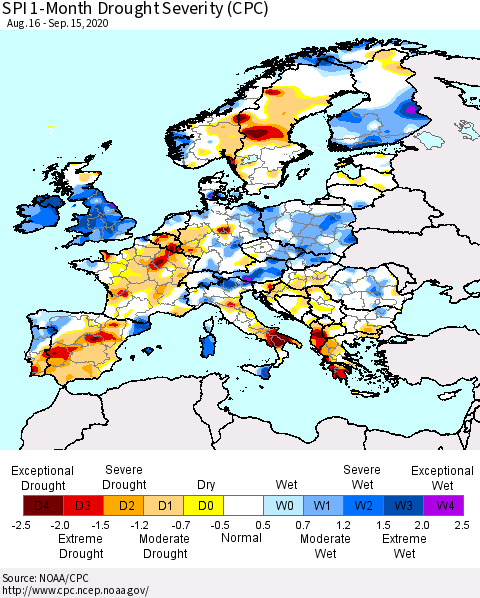 Europe SPI 1-Month Drought Severity (CPC) Thematic Map For 8/16/2020 - 9/15/2020