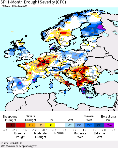 Europe SPI 1-Month Drought Severity (CPC) Thematic Map For 8/21/2020 - 9/20/2020