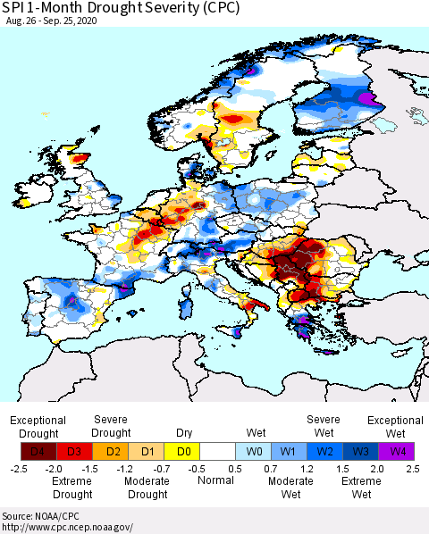Europe SPI 1-Month Drought Severity (CPC) Thematic Map For 8/26/2020 - 9/25/2020