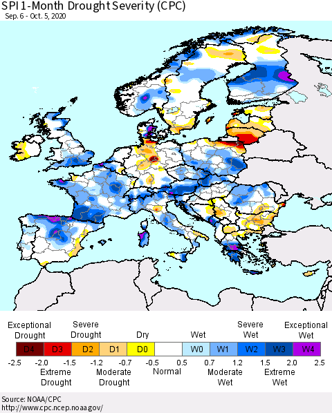 Europe SPI 1-Month Drought Severity (CPC) Thematic Map For 9/6/2020 - 10/5/2020