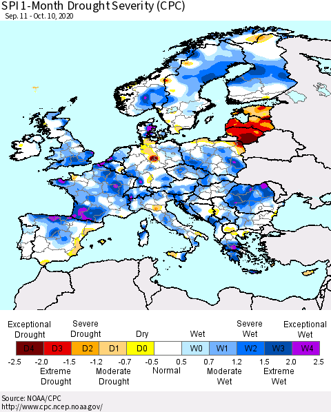 Europe SPI 1-Month Drought Severity (CPC) Thematic Map For 9/11/2020 - 10/10/2020