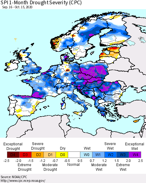 Europe SPI 1-Month Drought Severity (CPC) Thematic Map For 9/16/2020 - 10/15/2020