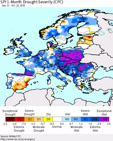 Europe SPI 1-Month Drought Severity (CPC) Thematic Map For 9/21/2020 - 10/20/2020