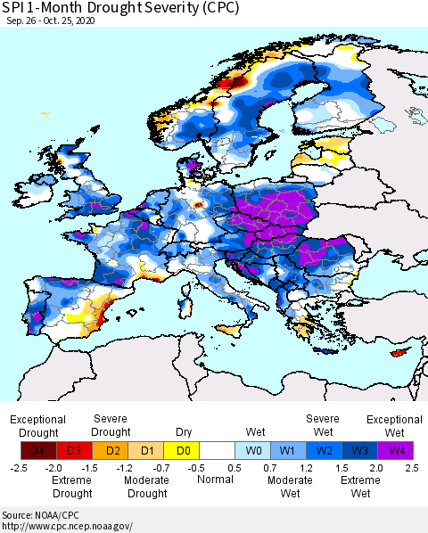 Europe SPI 1-Month Drought Severity (CPC) Thematic Map For 9/26/2020 - 10/25/2020