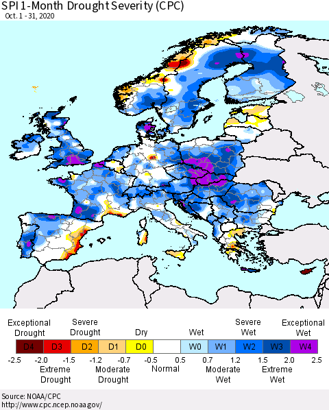 Europe SPI 1-Month Drought Severity (CPC) Thematic Map For 10/1/2020 - 10/31/2020