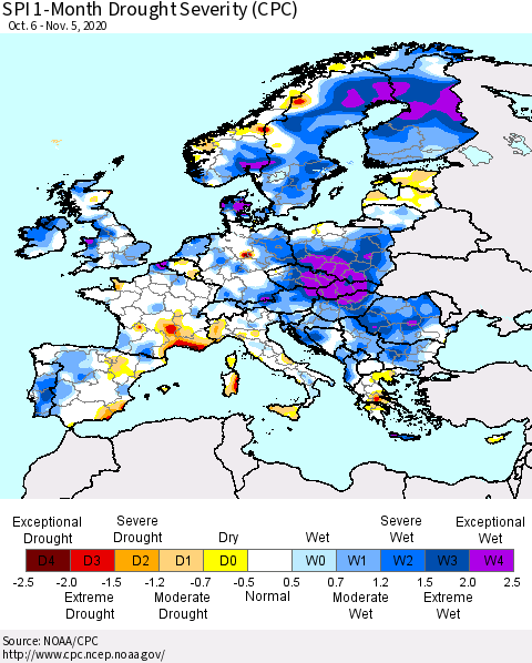 Europe SPI 1-Month Drought Severity (CPC) Thematic Map For 10/6/2020 - 11/5/2020