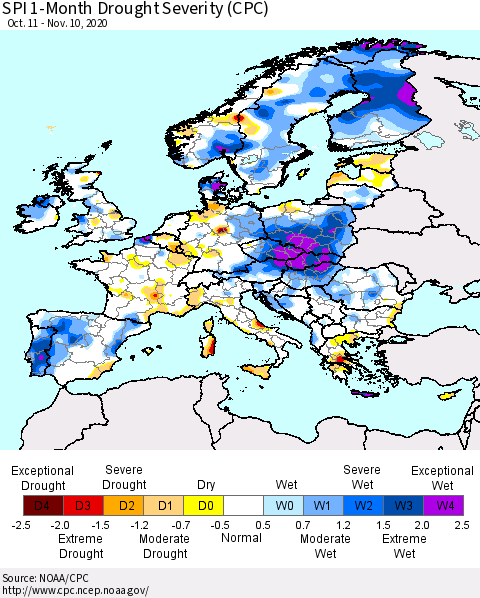 Europe SPI 1-Month Drought Severity (CPC) Thematic Map For 10/11/2020 - 11/10/2020