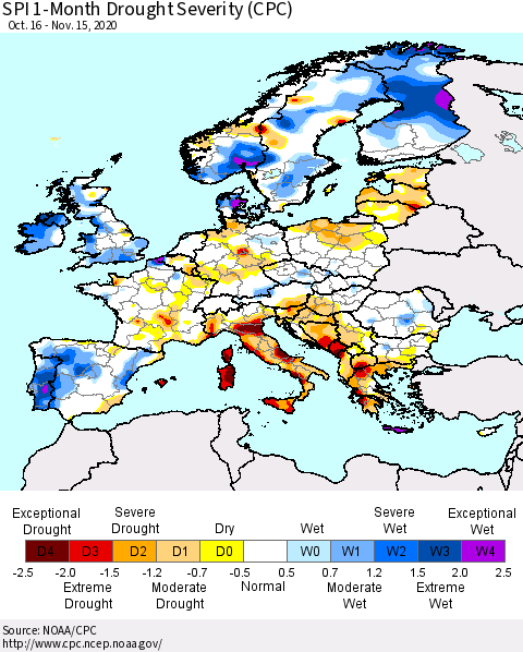 Europe SPI 1-Month Drought Severity (CPC) Thematic Map For 10/16/2020 - 11/15/2020
