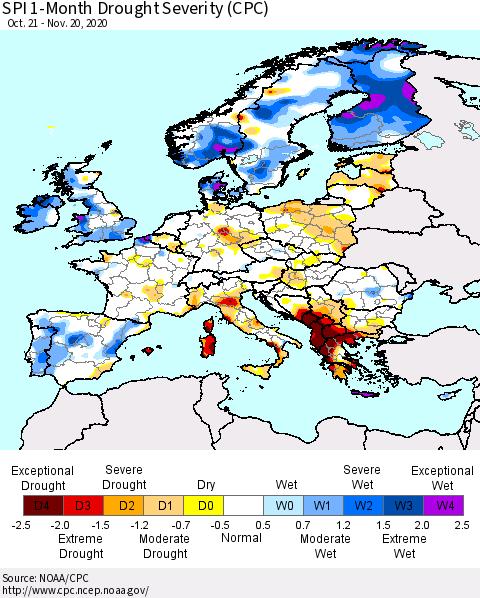 Europe SPI 1-Month Drought Severity (CPC) Thematic Map For 10/21/2020 - 11/20/2020