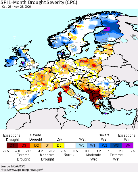 Europe SPI 1-Month Drought Severity (CPC) Thematic Map For 10/26/2020 - 11/25/2020