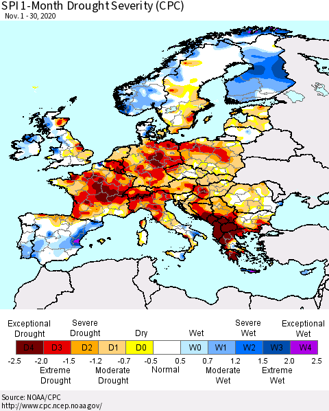Europe SPI 1-Month Drought Severity (CPC) Thematic Map For 11/1/2020 - 11/30/2020