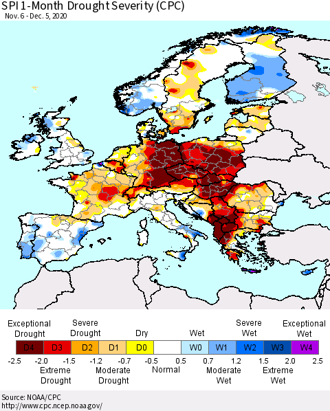 Europe SPI 1-Month Drought Severity (CPC) Thematic Map For 11/6/2020 - 12/5/2020