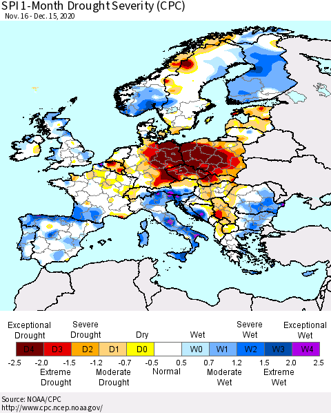 Europe SPI 1-Month Drought Severity (CPC) Thematic Map For 11/16/2020 - 12/15/2020