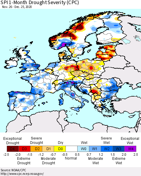 Europe SPI 1-Month Drought Severity (CPC) Thematic Map For 11/26/2020 - 12/25/2020