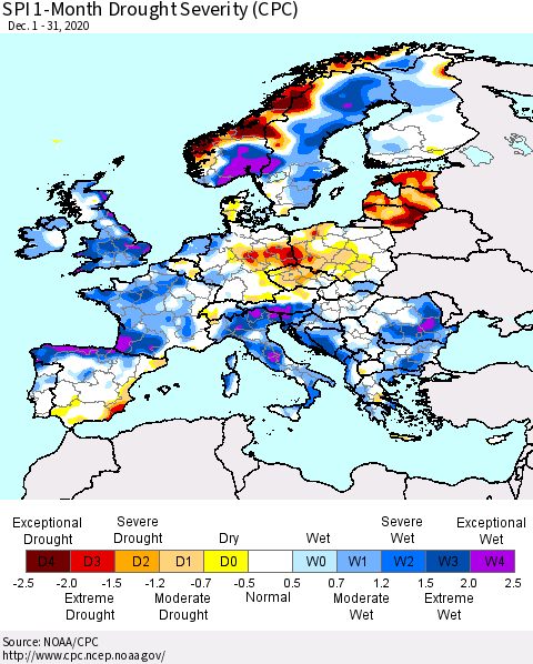 Europe SPI 1-Month Drought Severity (CPC) Thematic Map For 12/1/2020 - 12/31/2020