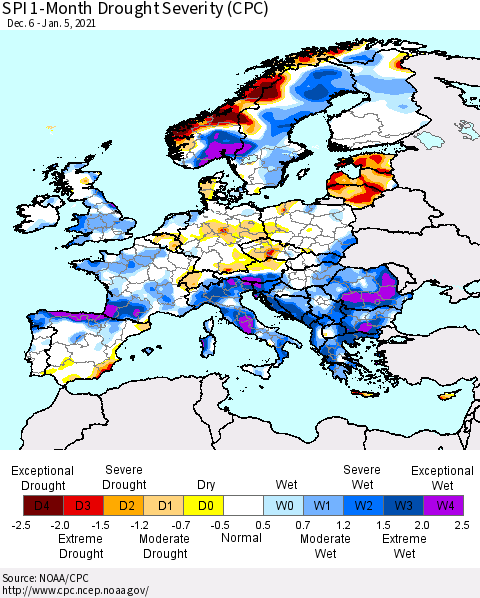 Europe SPI 1-Month Drought Severity (CPC) Thematic Map For 12/6/2020 - 1/5/2021
