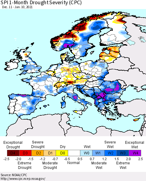 Europe SPI 1-Month Drought Severity (CPC) Thematic Map For 12/11/2020 - 1/10/2021