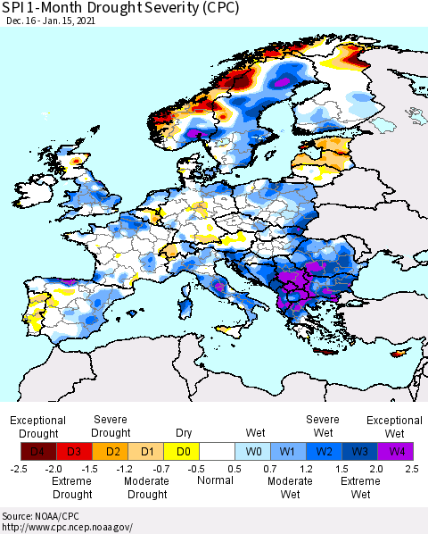 Europe SPI 1-Month Drought Severity (CPC) Thematic Map For 12/16/2020 - 1/15/2021