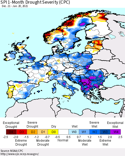 Europe SPI 1-Month Drought Severity (CPC) Thematic Map For 12/21/2020 - 1/20/2021