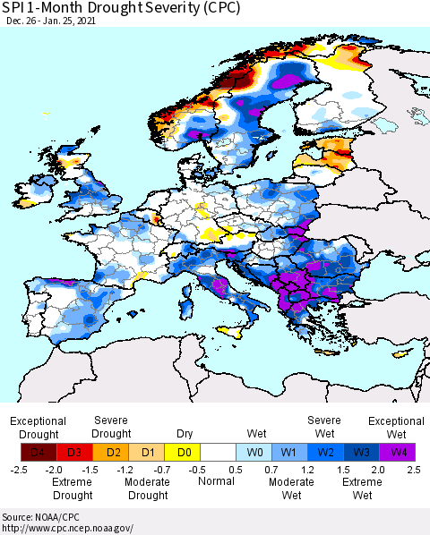 Europe SPI 1-Month Drought Severity (CPC) Thematic Map For 12/26/2020 - 1/25/2021
