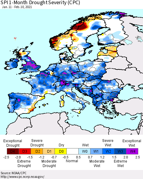 Europe SPI 1-Month Drought Severity (CPC) Thematic Map For 1/11/2021 - 2/10/2021