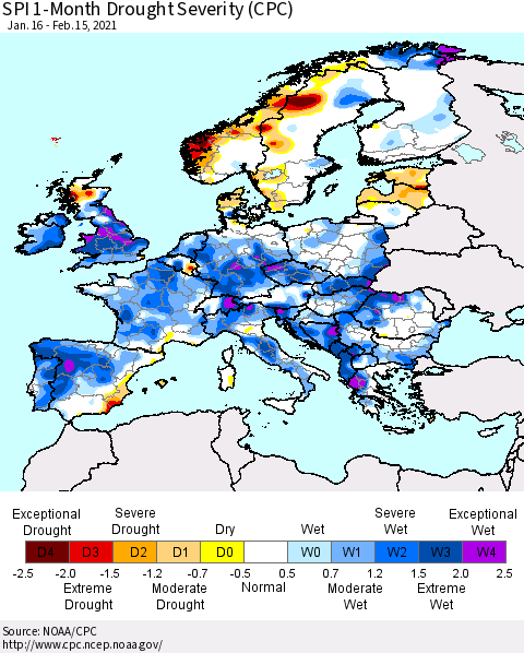 Europe SPI 1-Month Drought Severity (CPC) Thematic Map For 1/16/2021 - 2/15/2021