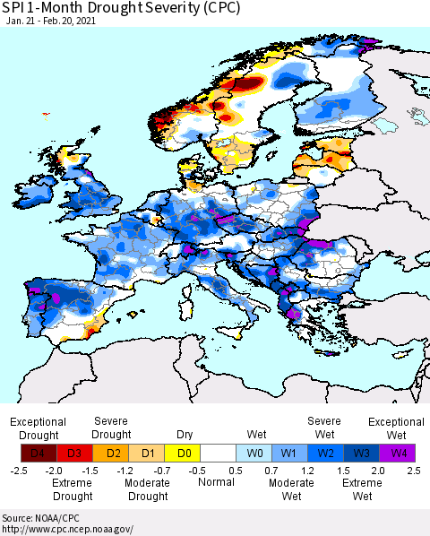 Europe SPI 1-Month Drought Severity (CPC) Thematic Map For 1/21/2021 - 2/20/2021