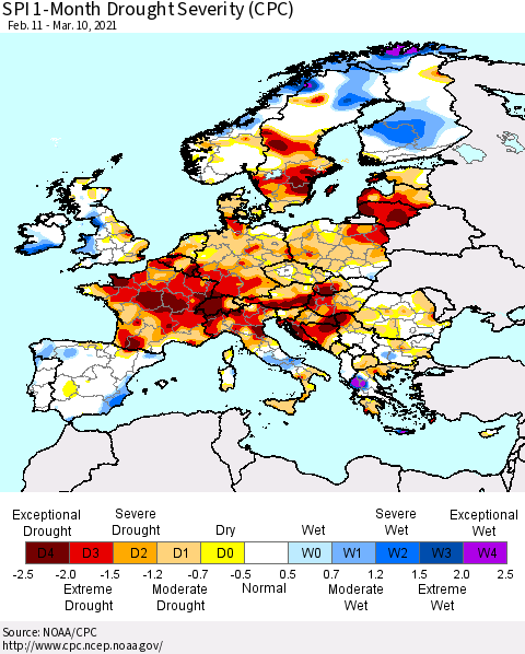 Europe SPI 1-Month Drought Severity (CPC) Thematic Map For 2/11/2021 - 3/10/2021