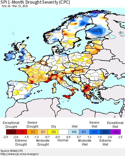 Europe SPI 1-Month Drought Severity (CPC) Thematic Map For 2/16/2021 - 3/15/2021