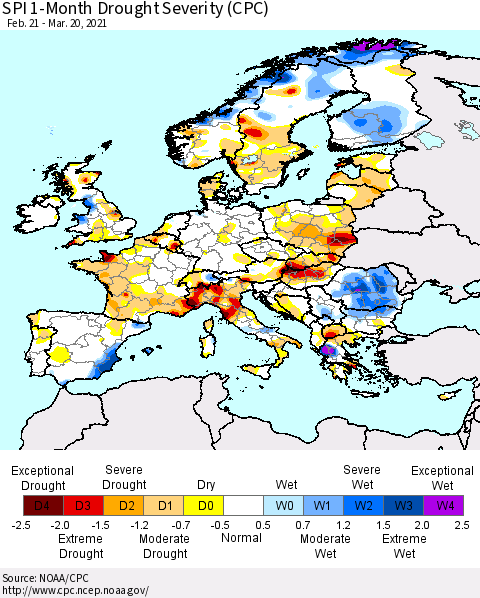 Europe SPI 1-Month Drought Severity (CPC) Thematic Map For 2/21/2021 - 3/20/2021