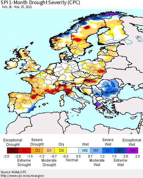 Europe SPI 1-Month Drought Severity (CPC) Thematic Map For 2/26/2021 - 3/25/2021