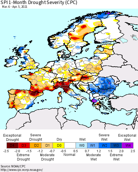 Europe SPI 1-Month Drought Severity (CPC) Thematic Map For 3/6/2021 - 4/5/2021