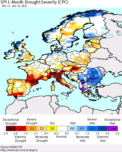 Europe SPI 1-Month Drought Severity (CPC) Thematic Map For 3/11/2021 - 4/10/2021