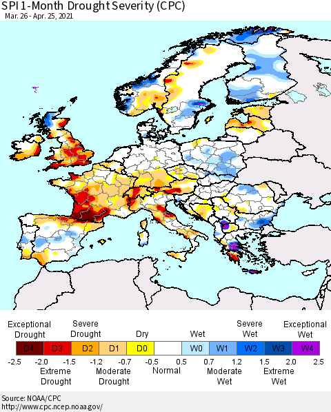 Europe SPI 1-Month Drought Severity (CPC) Thematic Map For 3/26/2021 - 4/25/2021