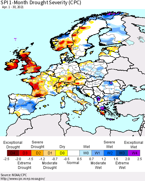 Europe SPI 1-Month Drought Severity (CPC) Thematic Map For 4/1/2021 - 4/30/2021