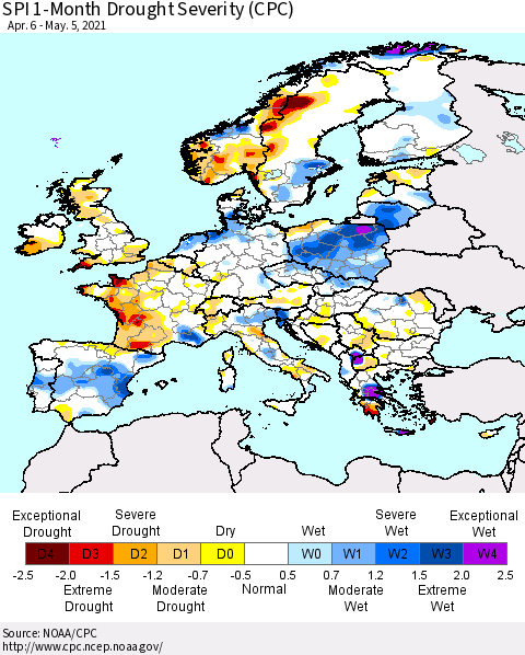 Europe SPI 1-Month Drought Severity (CPC) Thematic Map For 4/6/2021 - 5/5/2021